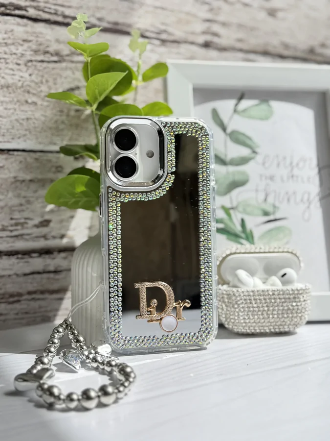 ec6806 قاب Dior آینه ای دور نگین با آویز قلبی پاپیونی (کدC1989) - تصویر 1